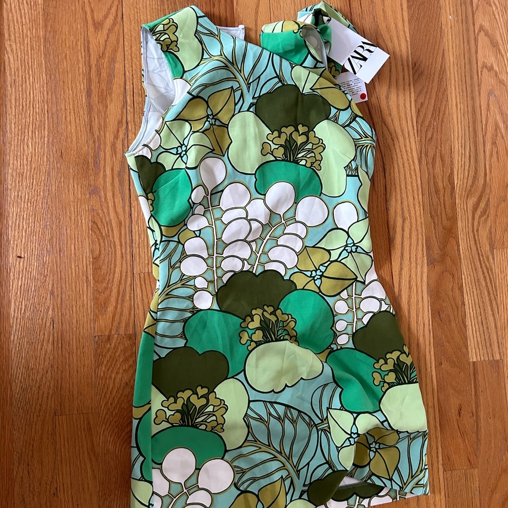 Green Patterned Sleeveless zara Dress